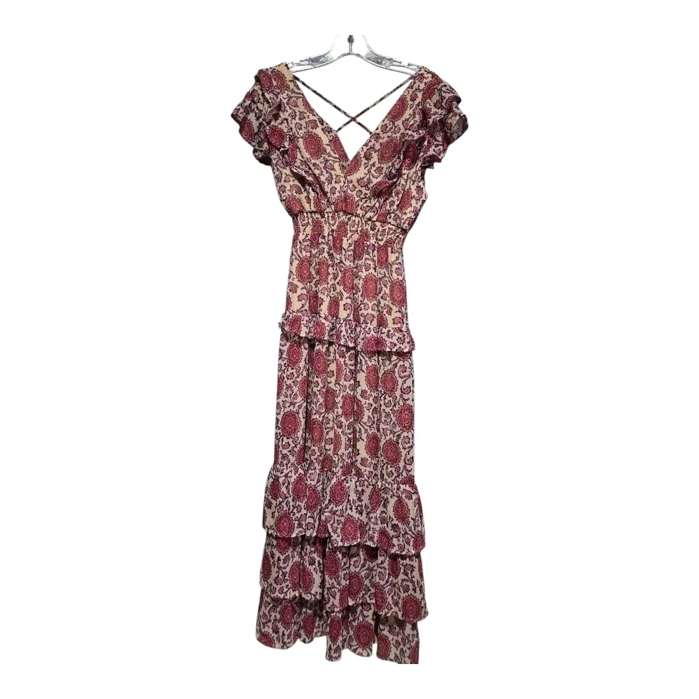 Aqua Pink Floral Tiered Midi Dress, Size Small